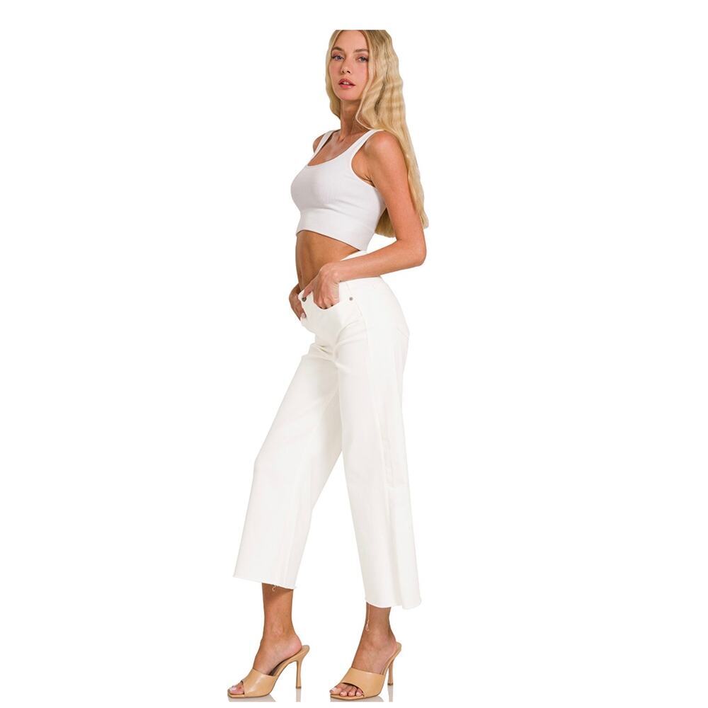 Zenana - High Rise Wide Leg Cropped White Denim - Size 29